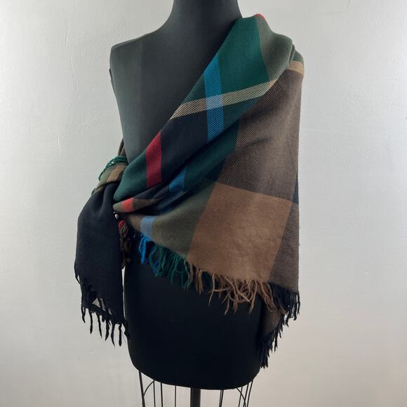 AVOCA Handweavers Black Brown Scarf Virgin Wool Plaid Fringe Edge Square Cut - Picture 5 of 7